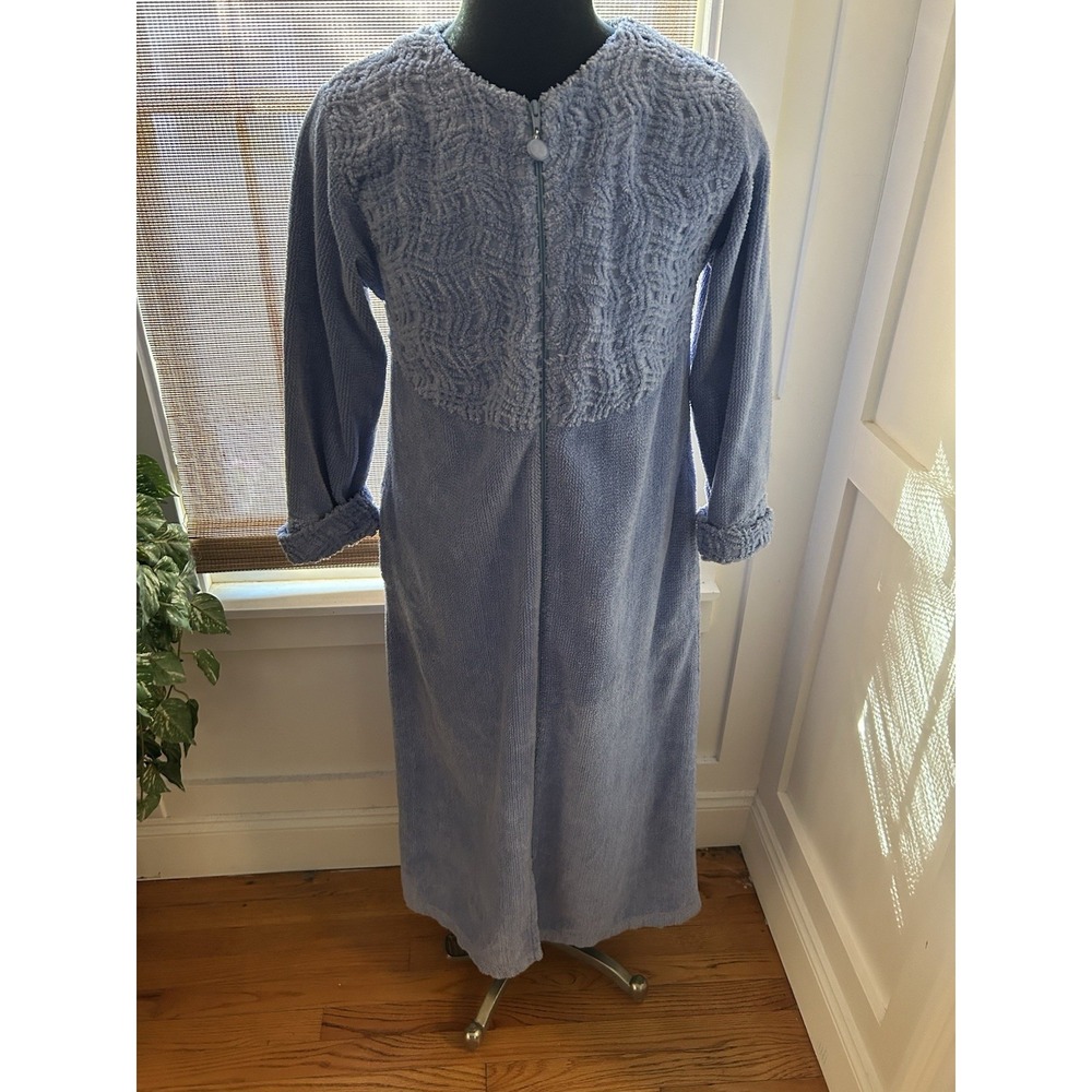VTG 80s Chenille Terry Bath Robe Sz S Full Zip Front Pockets Baby Blue Pakistan